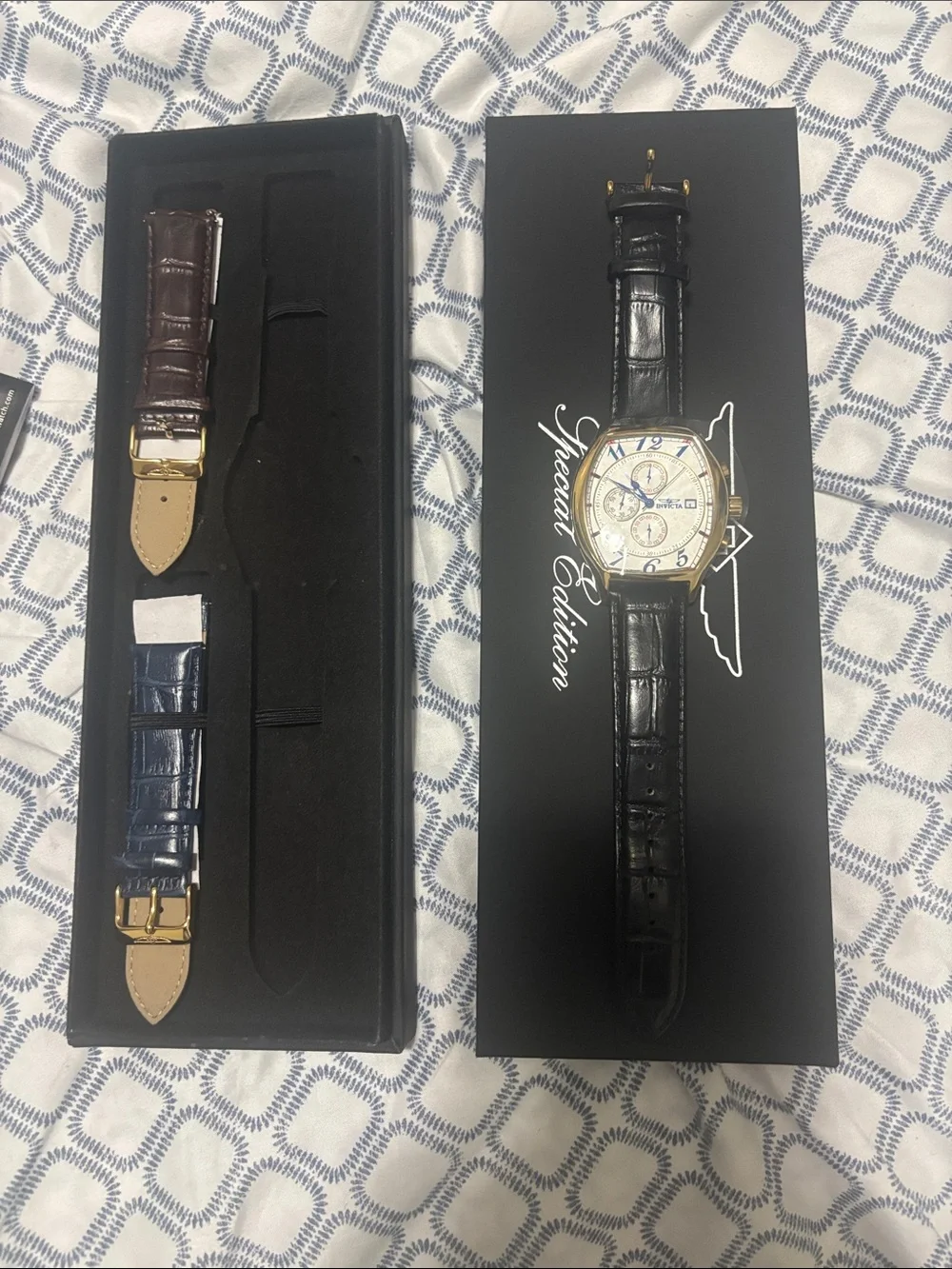 Invicta Gold Tone Chronograph Watch with Black, Brown and Blue Straps